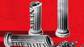 Illustration showing Greek pillars to represent democracy made from rolled newspapers. One of the pillars has tipped over and spilled a jumble of letters. 