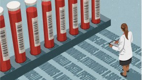 Illustration of a woman in a lab coat studying shadows cast by vials of blood, each shadow a readout indicating the presence of a past exposure to a specific pathogen.