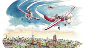 Cartoon showing student pilots flying airplanes above Harvard's campus
