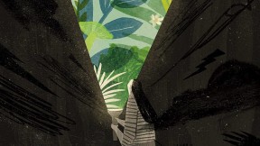 image of a girl in a dark space looking upward as her flashlight illuminates a verdant space ahead