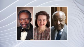 Three headshots, of Harvard Medalists Walter K. Clair, Nancy-Beth Gordon Sheerr, Preston N. Williams
