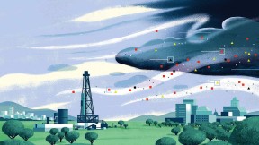 Illustration of a city downwind from a fracking well