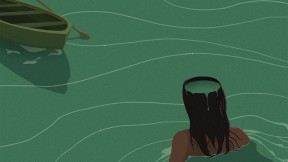 The illustration shows an empty rowboat floating away and a woman wading toward it, in chest-high water.