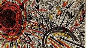 Abstract image of swirls and darts in browns, reds, and grays 