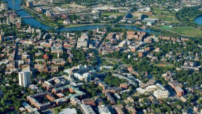 The Cambridge campus as seen from a vantage point above Oxford Street, looking toward the University's future in Allston  [<a href="http://harvardmagazine.com/sites/default/files/375_so11_002_web.jpg">VIEW LARGER PHOTOGRAPH</a>]