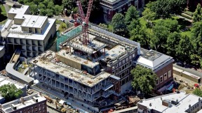 This view of the Fogg Art Museum, taken in mid summer, shows the new structure being inserted in the original Quincy Street façade.