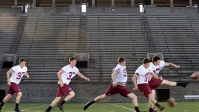 In Harvard Stadium, David Mothander practices a kickoff, using the ubiquitous &ldquo;soccer-style&rdquo; kicking technique. Scroll down for a <a href="#placekick">video.</a></p> 