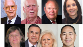 Top row from left: Marshall Allen, T. Carter Hagman, John Irving, and Margarita Montoto-Escalera. Bottom row from left: Elaine Hoffman Morris, Miguel M. Palos, Claudia Friederichs Palos, and Milton Yasunaga