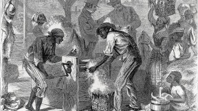 <i>The First Cotton-gin, </i>by William L. Sheppard, published in<i> Harper&rsquo;s,</i> December 18, 1869, shows slaves at work&mdash;and masters who profited from their labor. 