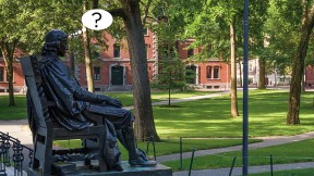 Photograph of John Harvard statue, Harvard Yard, with cartoon balloon question mark, about uncertainties surrounding the fall semester
