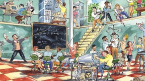 Illustration imagining the evolution of computer science at Harvard in a playful way