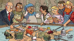 A cartoon illustration showing a situation room with businessmen, farmers, and other food system constituents moving the parts of the food system around on a game board.