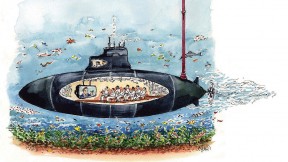 Cartoon of a submerged submarine with a cut-out view of the interior, where crew members are taking a Harvard course via video recording.