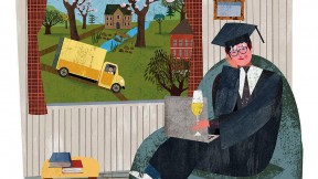 Colorful composite drawing of the author, dressed in cap and gown, at home in Cambridge, with scenes of blossoming trees and a yellow moving truck visible through the window. 
