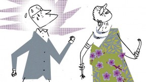 Illustration of a professor striving to keep up with a fast-walking elderly Hadza woman