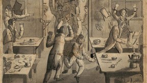 A drawing of students rebelling in a dining hall.