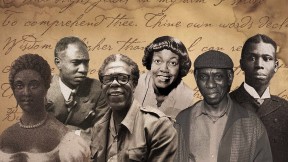 Composite illustration of African American poets Phillis Wheatley, Melvin B. Tolson, Dudley Randall, Gwendolyn Brooks, Yusef Komunyakaa, Paul Laurence Dunbar