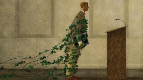 An illustration showing a professor held back by ivy vines, representing traditional and reluctance to change