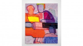 bold colorful figures, with one lying on a mother's lap