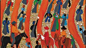 The painting, "Overseers in the Field #1" (2007), informed by Winfred Rembert