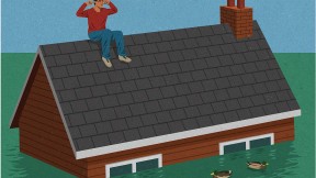 Illustration of a man plugging his ears on the roof of his house as floodwaters engulf the building