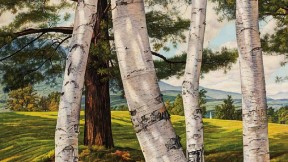 colorful painting detailing birch trees