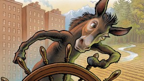 Illustration of a donkey turning a ship’s wheel away from high-rise apartment buildings in the background