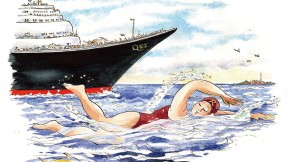 Illustration of Sharon Beckman ’80 swimming the English Channel