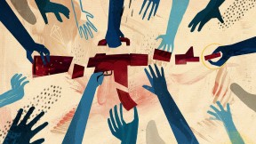 illustration showing multiple hands dismantling a rifle