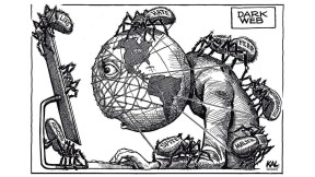 A black and white cartoon shows a computer-user, with Earth’s globe for a head, stares into a screen, while spiders labeled “hate,” “misinformation,” “fear,” and “lies” crawl across his body, wrapping him in their webs.