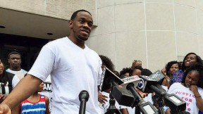 Photo of Bobby Johnson outside of Superior Court in New Haven on September 4, 2015, released from prison after nine years for a murder he did not commit