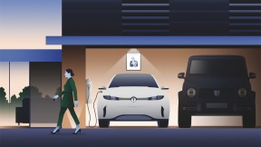 Illustration of a two-car garage, with an electric vehicle on the left and an SUV on the right