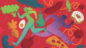 Illustration of two runners, one surrounded by components of a healthy diet, the other surrounded by high-sugar foods.