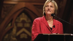 Drew Faust, speaking in Sanders Theatre on September 24