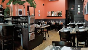 Among Vee Vee’s charms are its boldly colored walls (Benjamin Moore’s “Autumn Cover”), a signature touch for co-owner Kristen Valachovic, an interior designer before restaurant life took hold.  