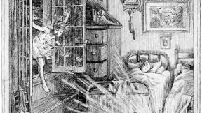 Illustration by F.D. Bedford for J.M. Barrie’s <i>Peter and Wendy.</i> As the children sleep, Peter crosses the sill in the glow of Tinker Bell’s light.