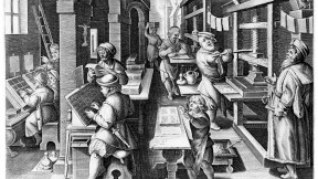 The <i>Invention of Book Printing</i> comes from <i>Nova Reperta</i> (New inventions and discoveries of modern times), by Stradanus (Jan van der Straet), the first such illustrated compendium of postclassical innovations (ca. 1599- 1603). The ability to print many copies of such works revolutionized communication of ideas in the sixteenth century.