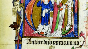 An ornate initial capital for Psalm 96 (<i>Cantate Domino canticum novum</i>) shows three singers singing a &ldquo;new song,&rdquo; probably a polyphonic motet.