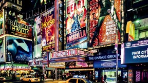 In vibrant Times Square, Broadway plays and musicals compete to become the next megahit.