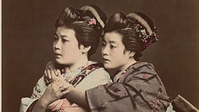 1870s Japan: a hand-tinted albumen print by Raimund von Stillfried showing two women posing