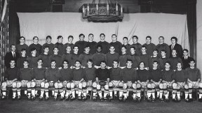 Happy campers: For their team photo, a day or two after The Game, the Crimson wore practice jerseys, giving them rather a raffish look.