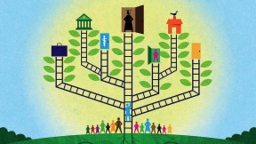 An abstract illustration of a branching tree shows the varying outcomes of government spending on programs that benefit children