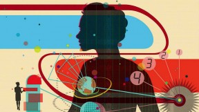 Abstract illustration of a woman’s upper torso in silhouette, overlayed with small images suggesting medical research