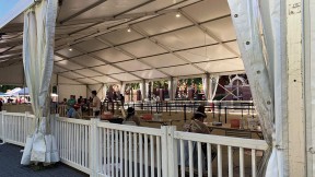 Photograph of Harvard Science Center tent where arriving first-year College students began virus-testing procedures