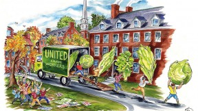 In Harvard Yard, workers unload gigantic heads of lettuce and other greens from a truck prominently labeled United Farm Workers as students celebrate the University's decision to support the union workers by buying only UFW-certified produce. 