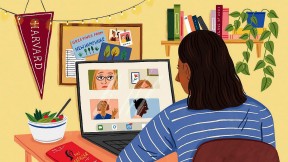 Drawing of a college student seated at her desk in her bedroom at home, looking at images of friends on her computer screen. On the desk are a book and a bowl of salad, reflecting recommendations made by friends previously.