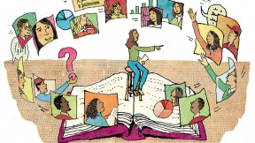 An illustration showing a teacher sitting on an enormous open book with students on screens hovering around her, some raising their hands to ask questions