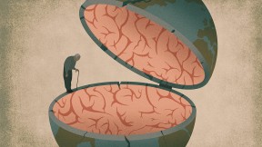 Abstract illustration of an elderly man balanced on the edge of a half globe filled with brain gray matter