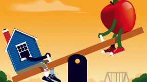 Illustration of a seesaw with a house on one end, and an apple, representing teaching, on the other.
