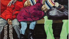 painting of twins asleep on a NYC subway, nestled against their caregiver